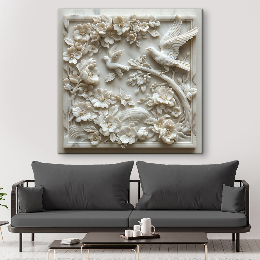 White sculpture of birds and flowers White sculpture of birds and flowers