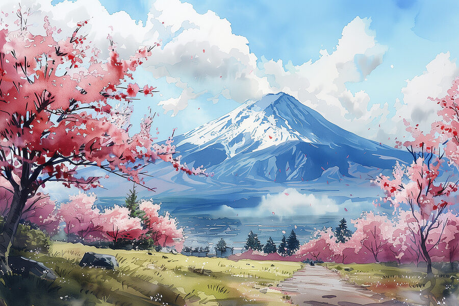 Mount Fuji rózsaszín virágokkal