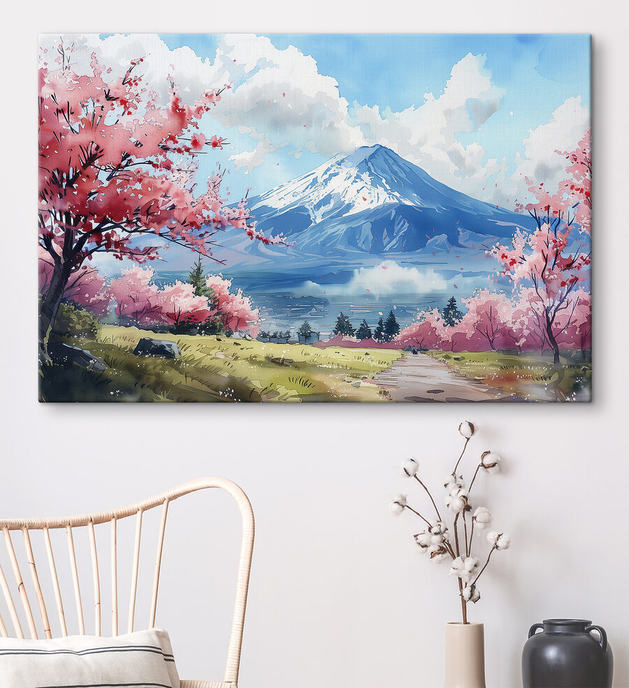 Mount Fuji rózsaszín virágokkal
