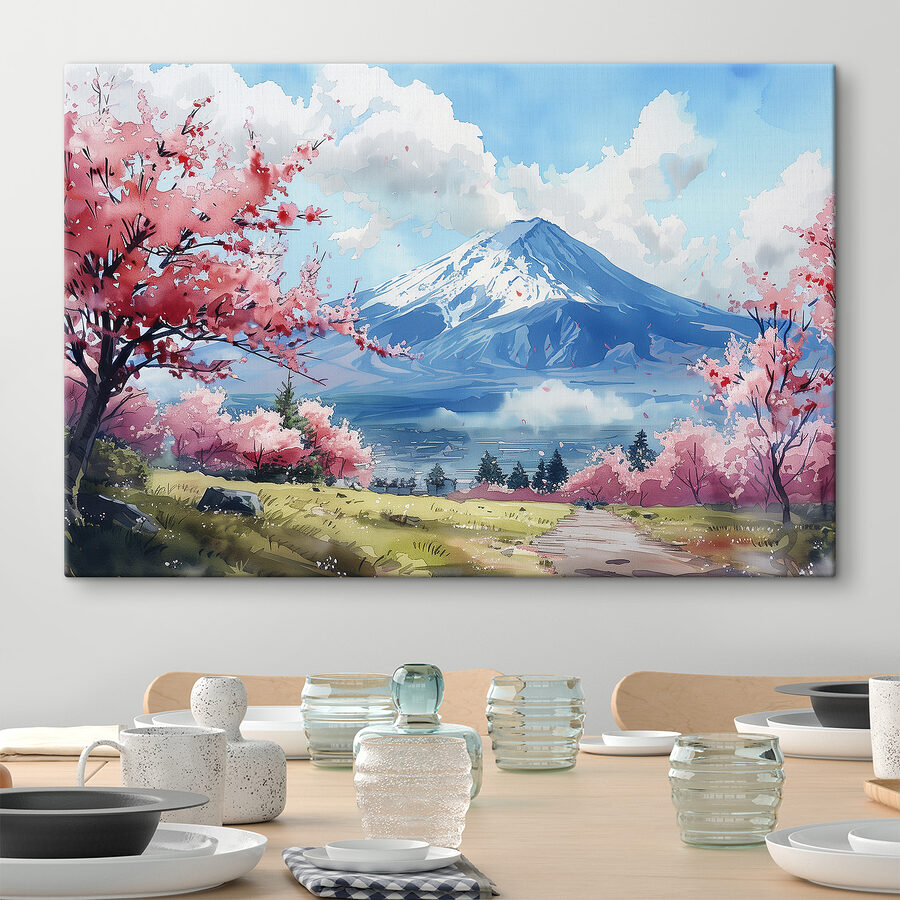 Mount Fuji rózsaszín virágokkal