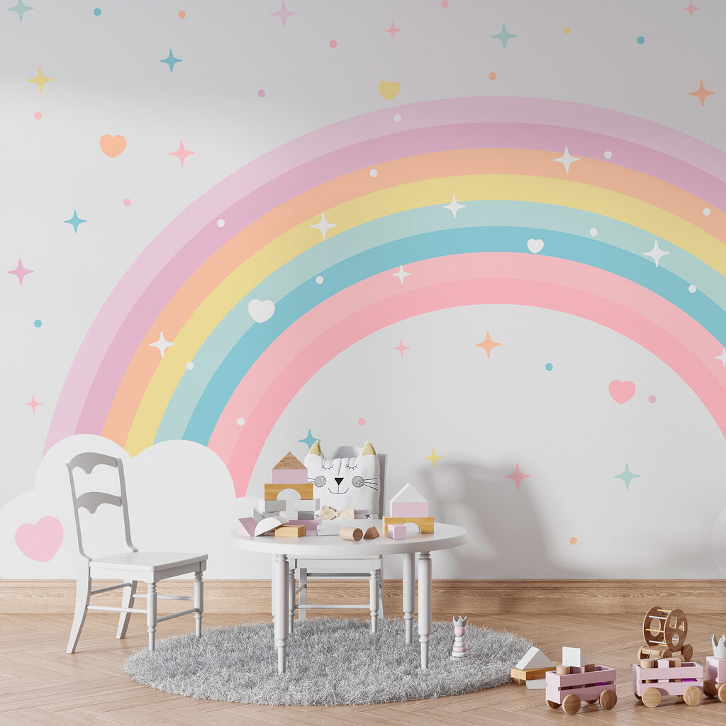 Rainbow with clouds and stars