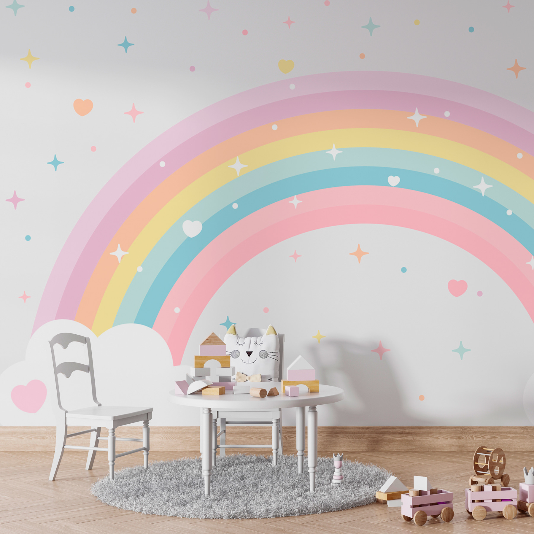 Rainbow with clouds and stars
