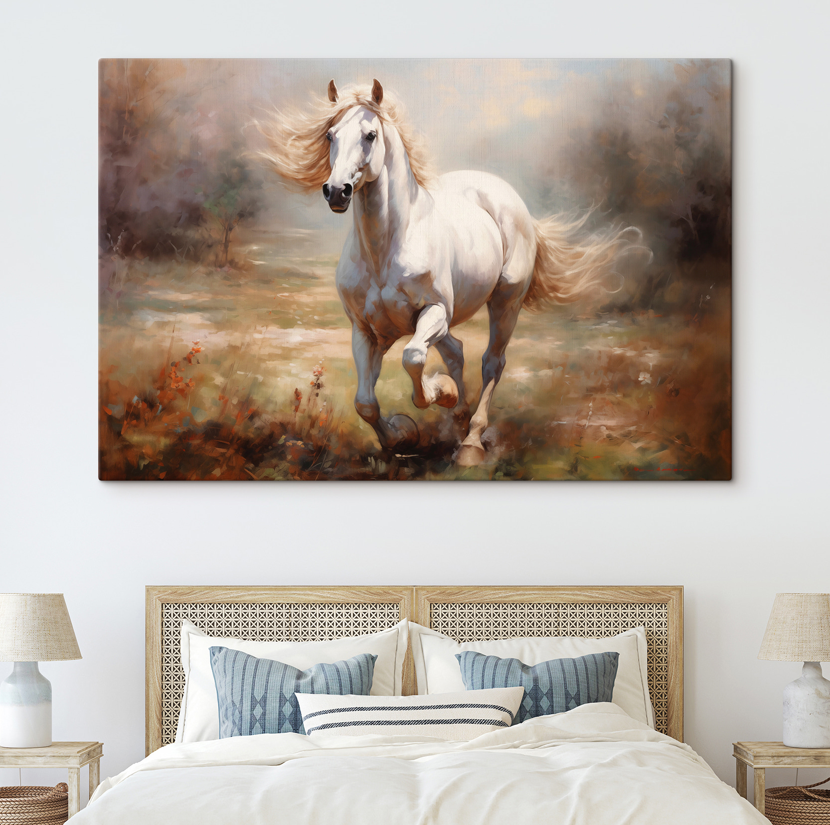 White horse running in a field