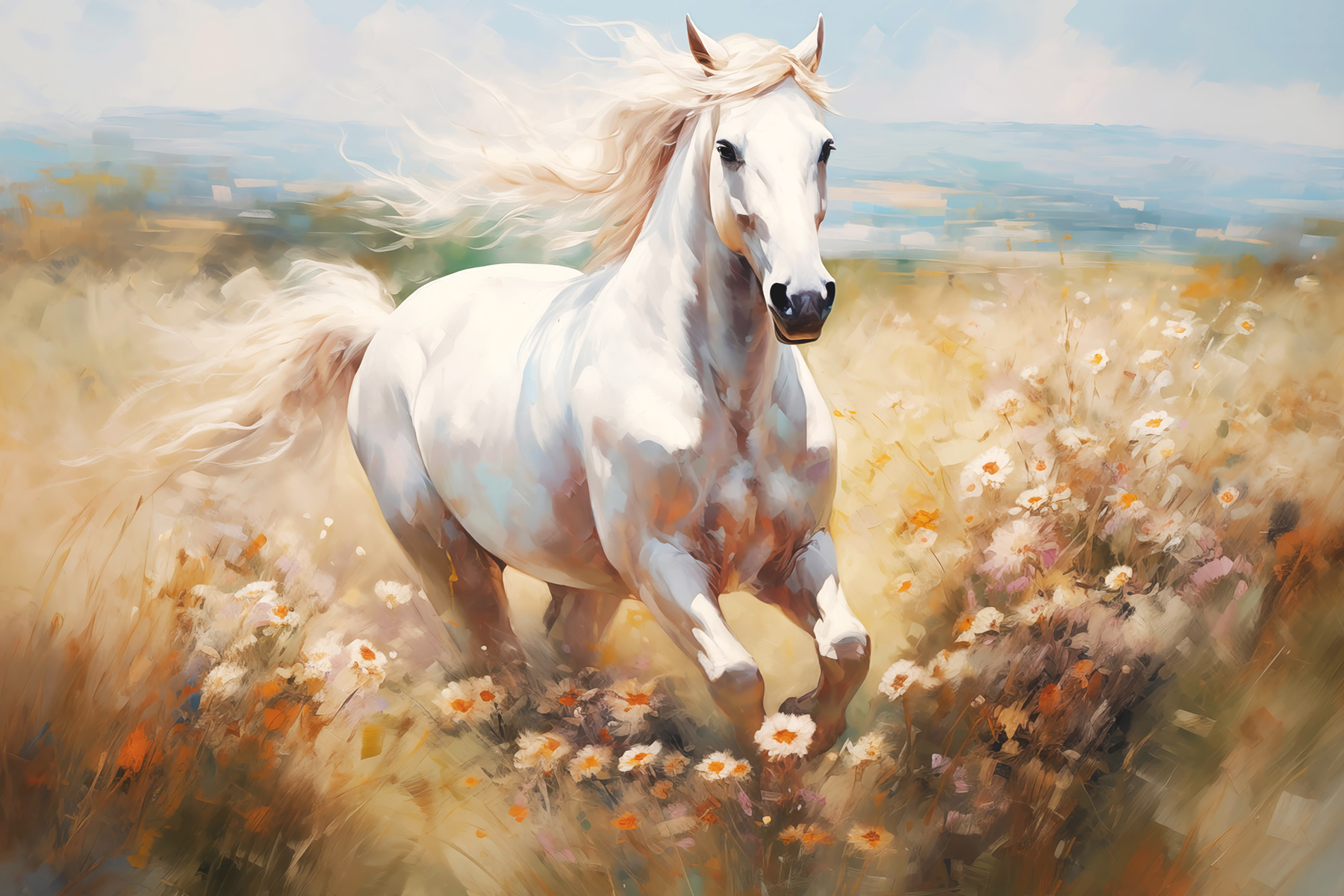 White horse running through a field of flowers