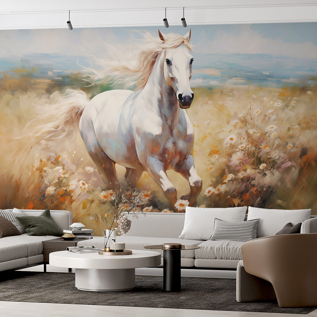 White horse running through a field of flowers