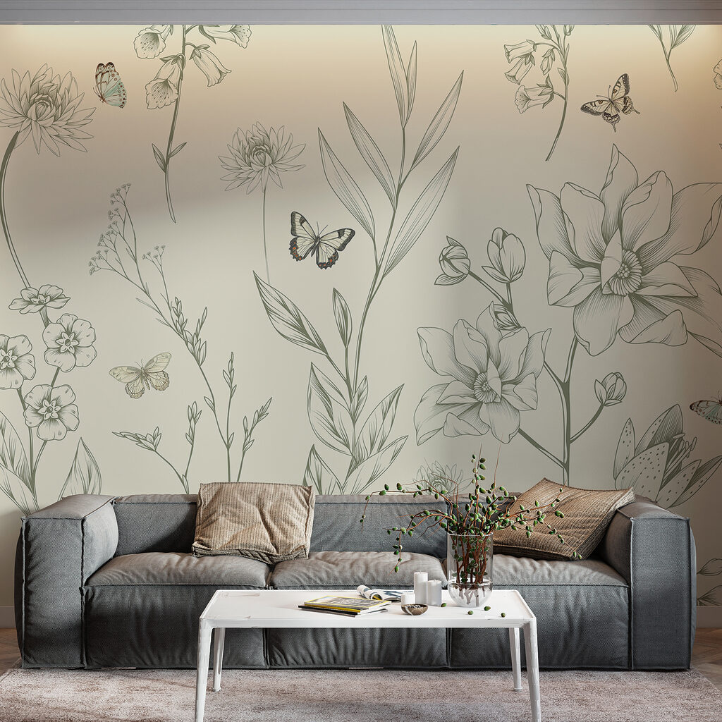 Wallpaper with flowers and butterflies