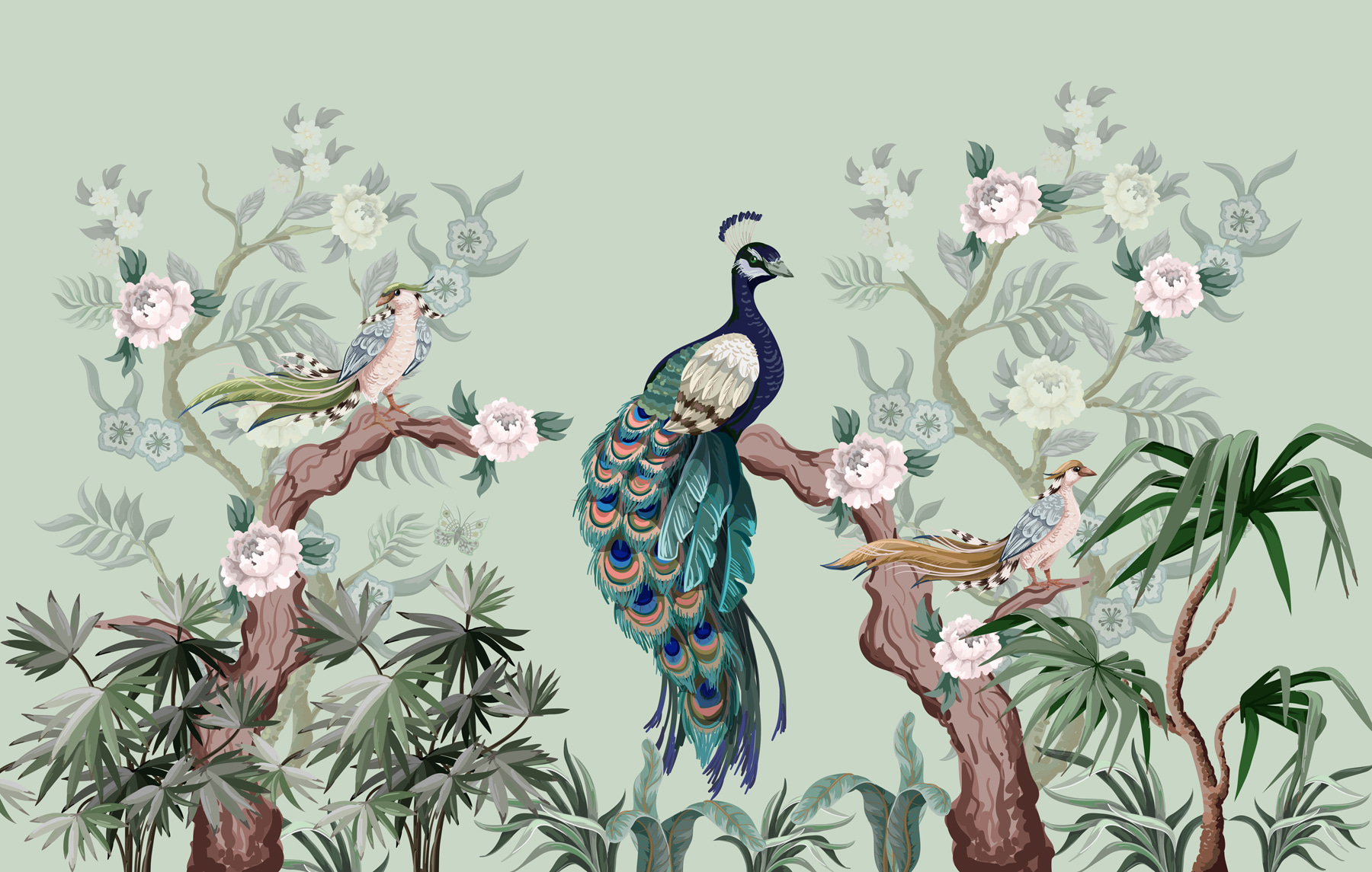 Wallpaper with birds on branches