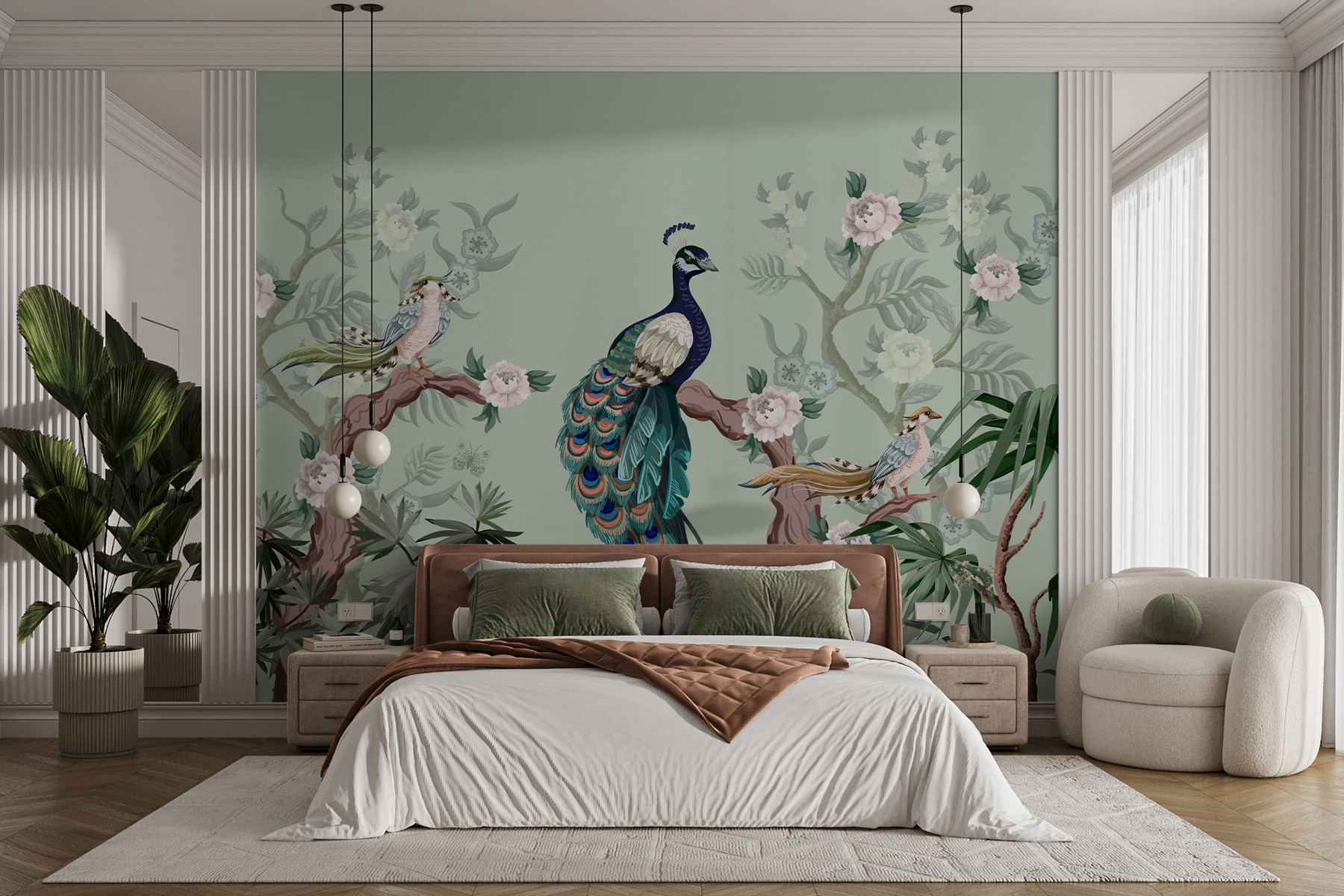 Wallpaper with birds on branches