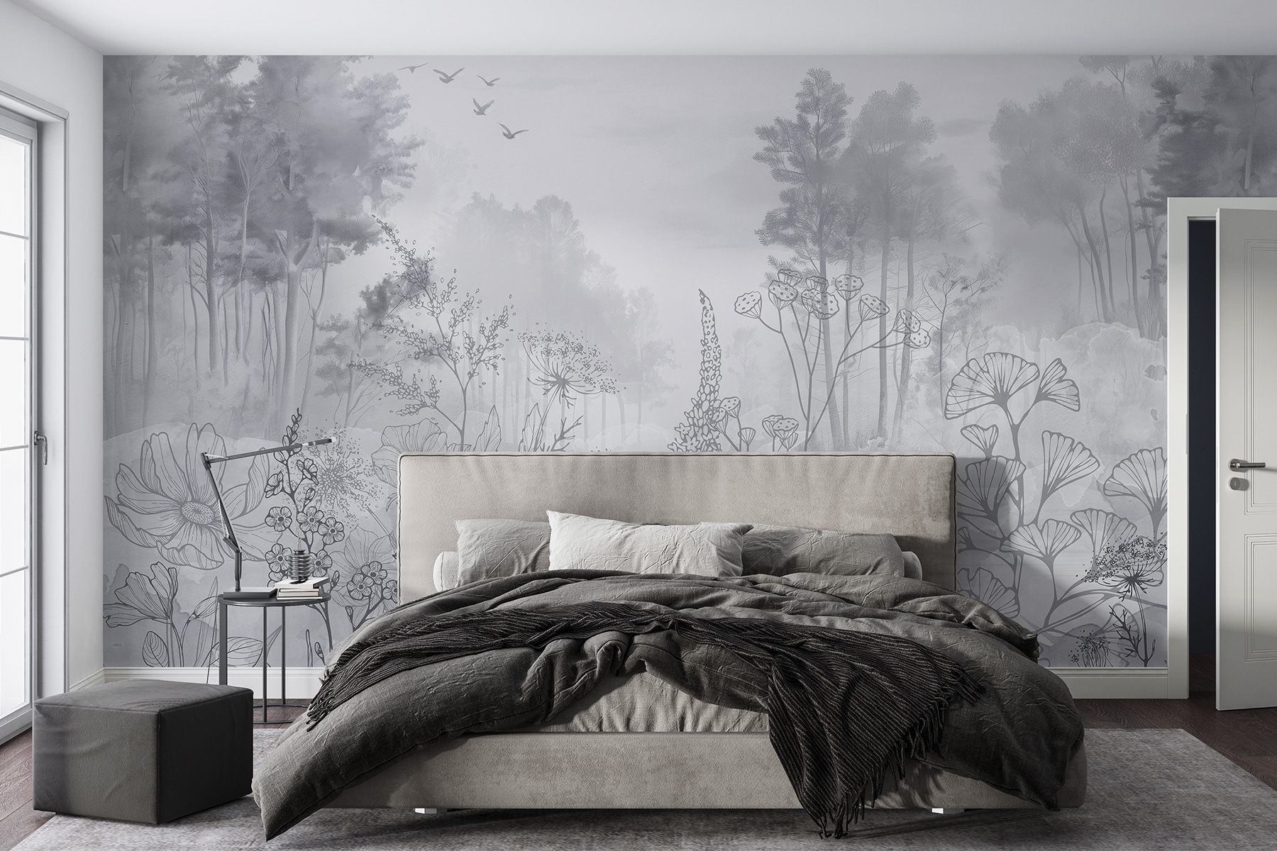 Greyscale image of a forest with birds flying