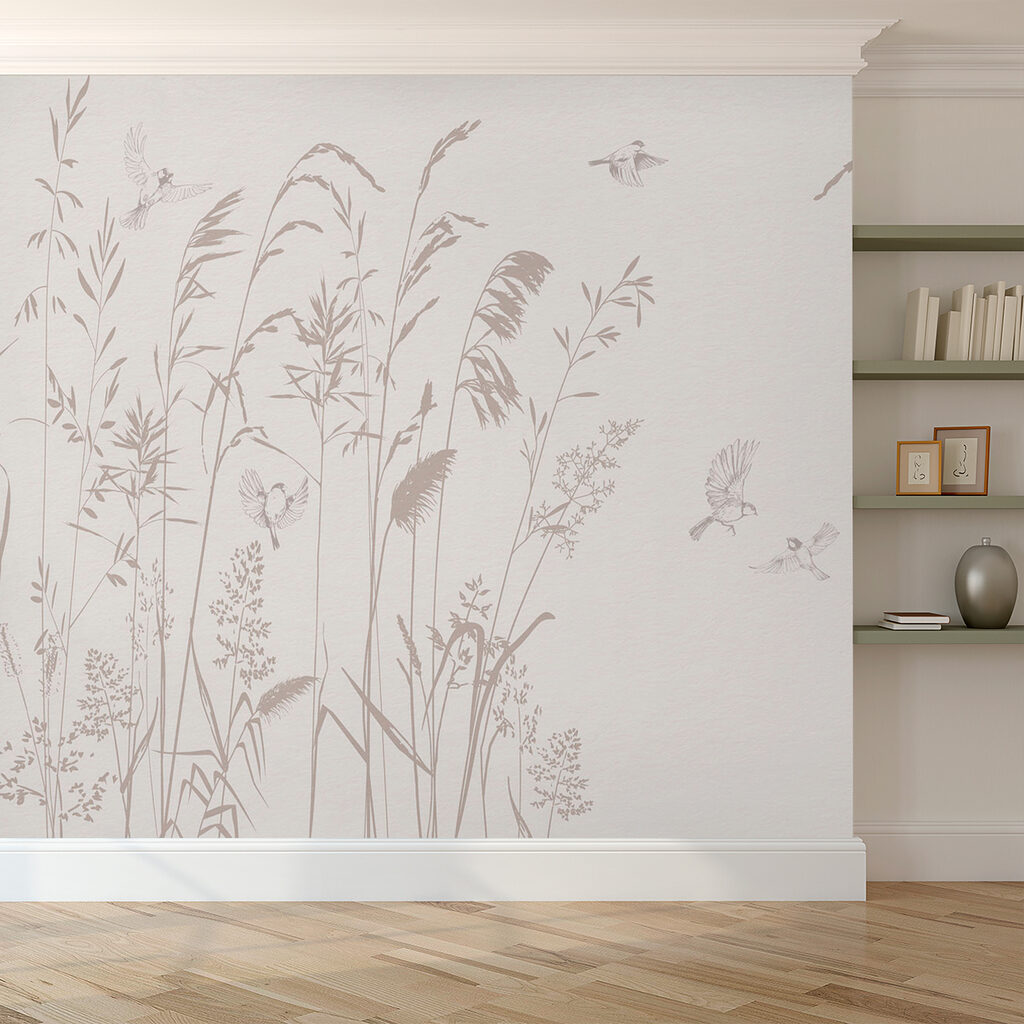 Birds flying over tall grass