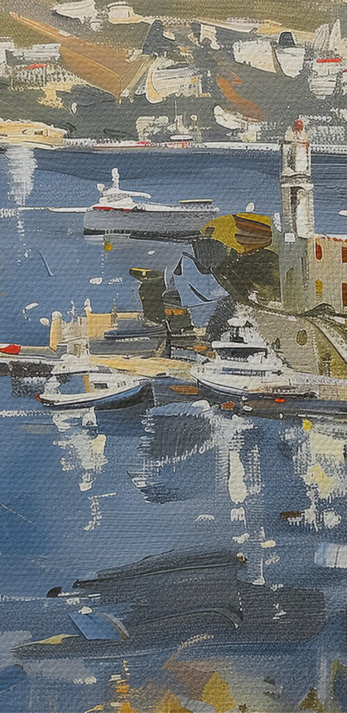 Painting of a city and a body of water