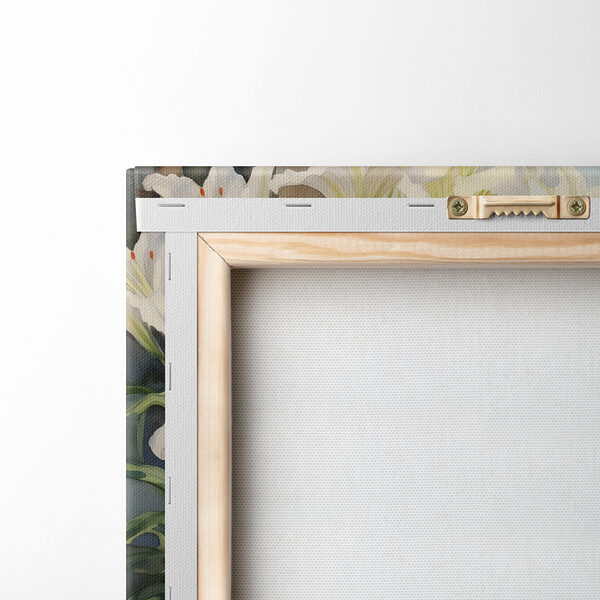 Painting of a balcony with a view of a city and a sea