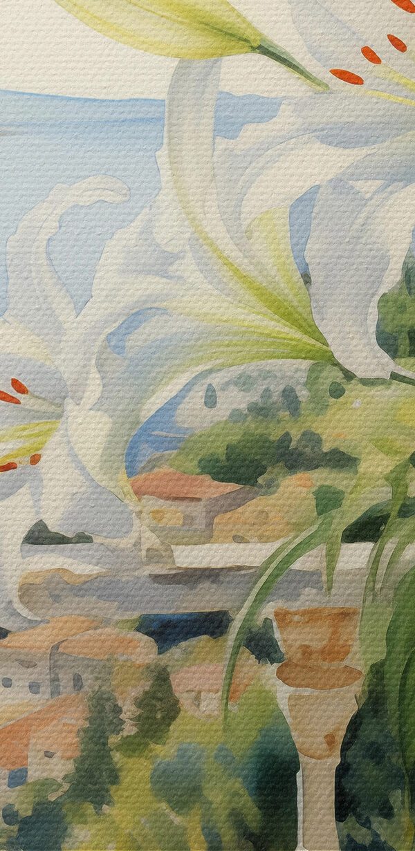 Painting of a balcony with a view of a city and a sea