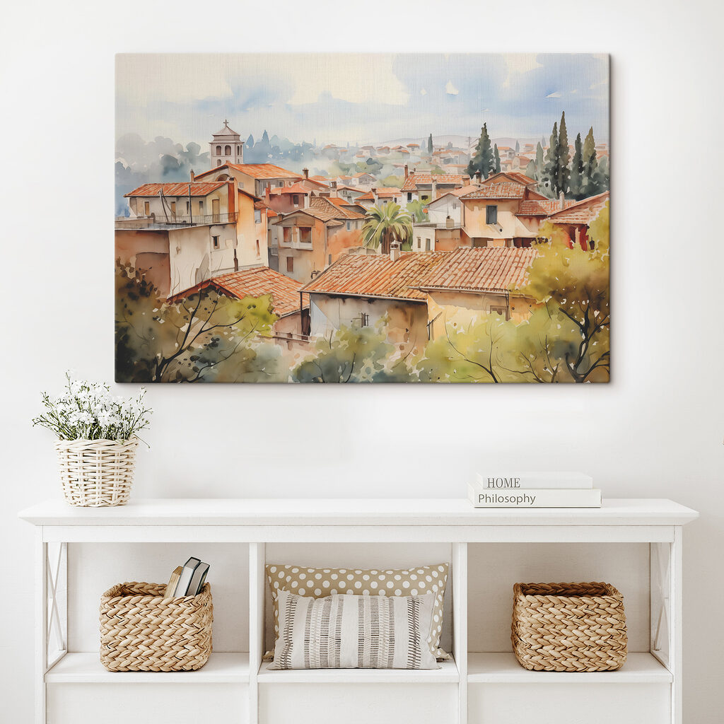 Watercolor of a town with many buildings and trees
