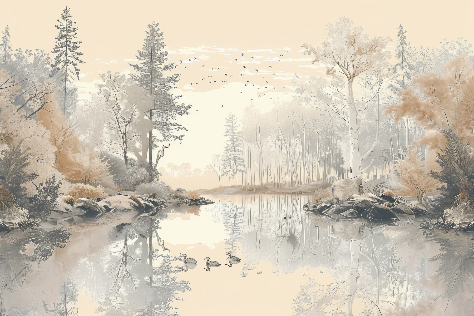 Lake with trees and birds