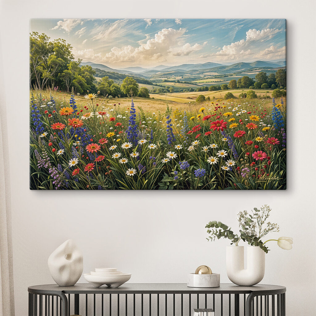Field of flowers with mountains in the background Field of flowers with mountains in the background