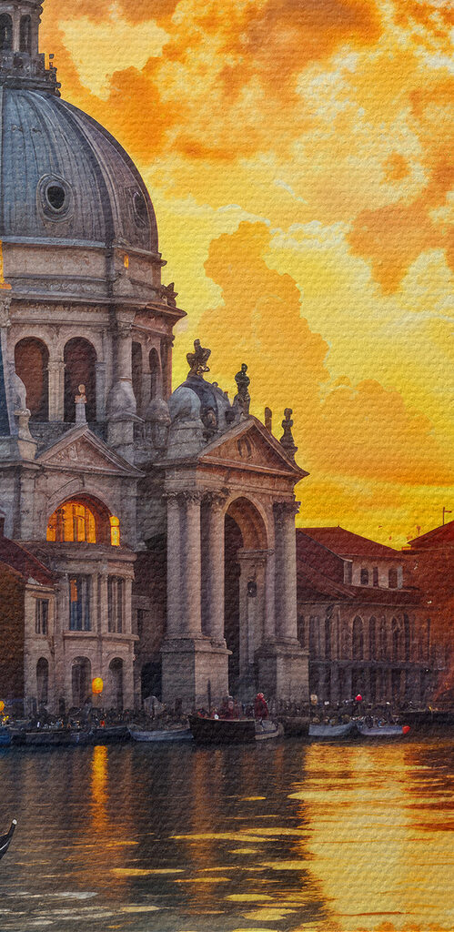 Water with a building and a boat in it