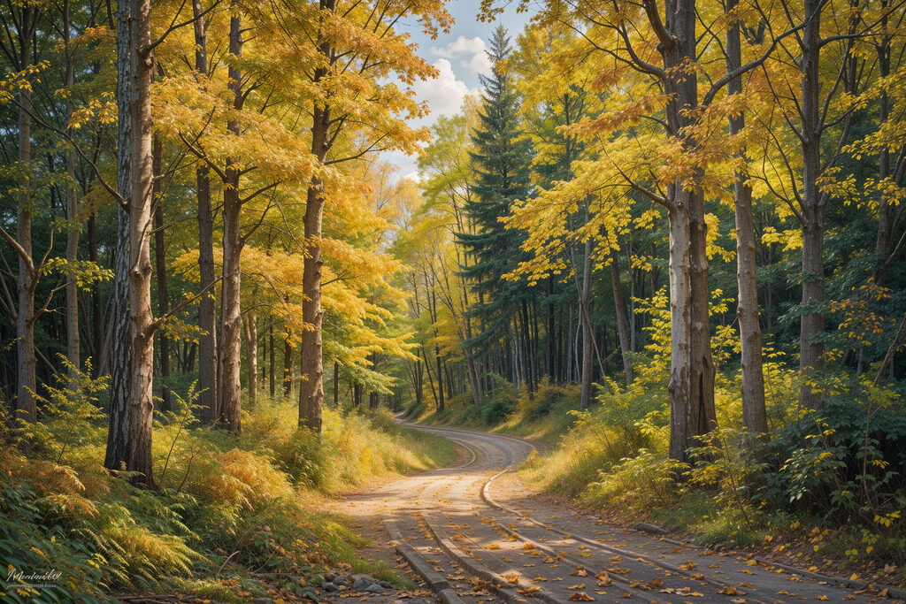 Road through a forest with yellow leaves