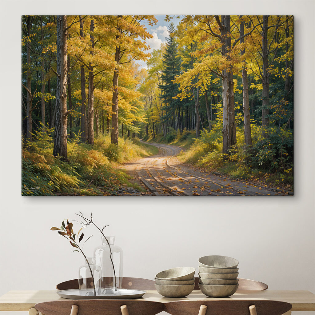 Road through a forest with yellow leaves