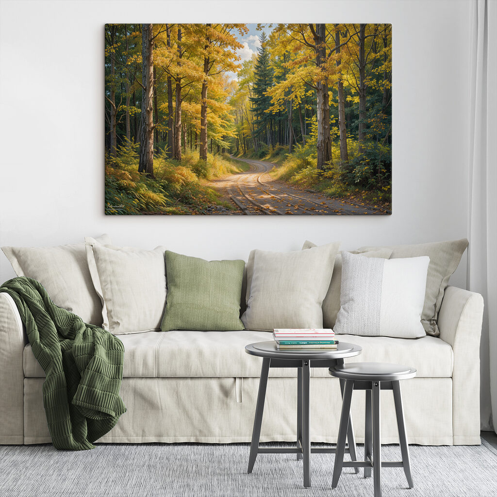 Road through a forest with yellow leaves