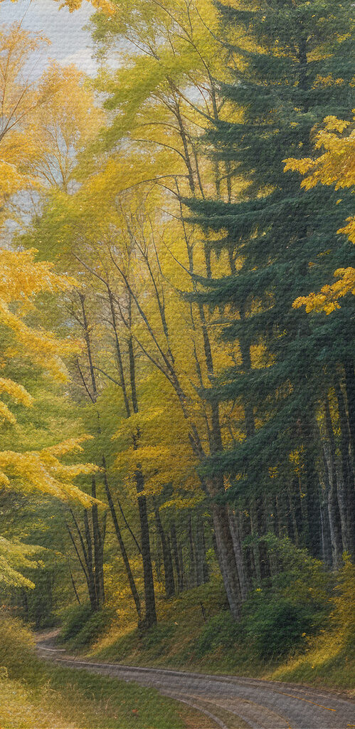 Road through a forest with yellow leaves