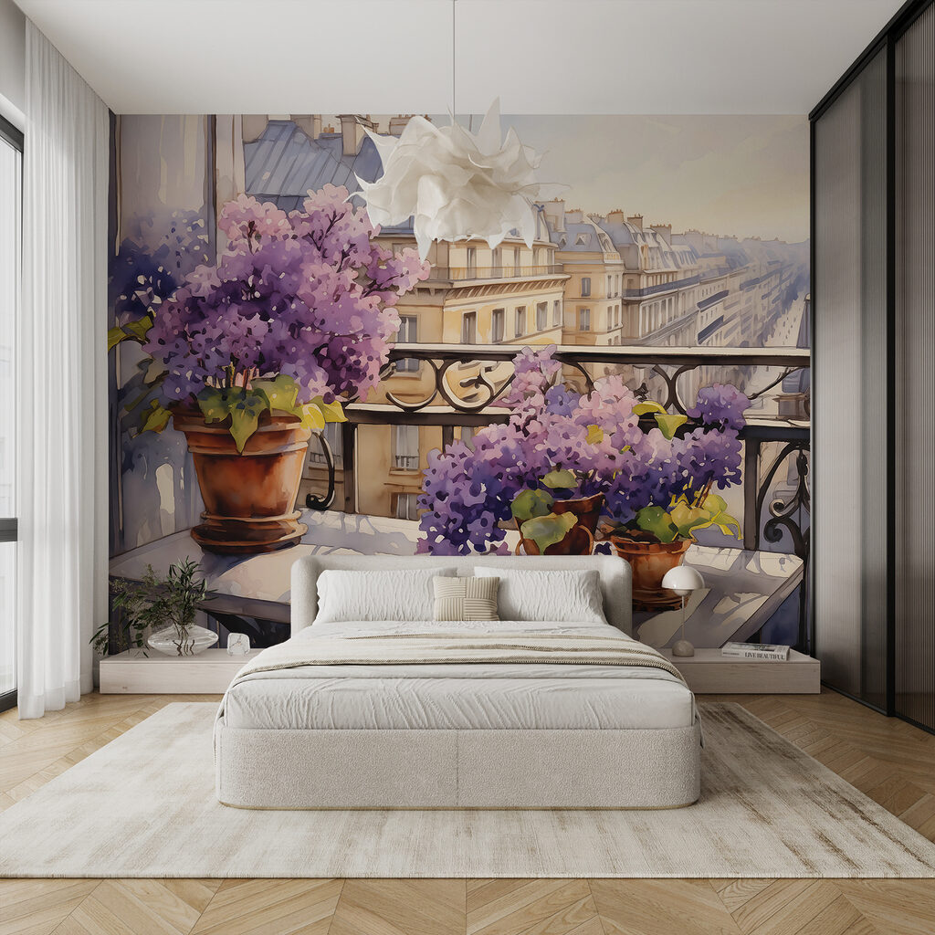 Painting of a balcony with purple flowers
