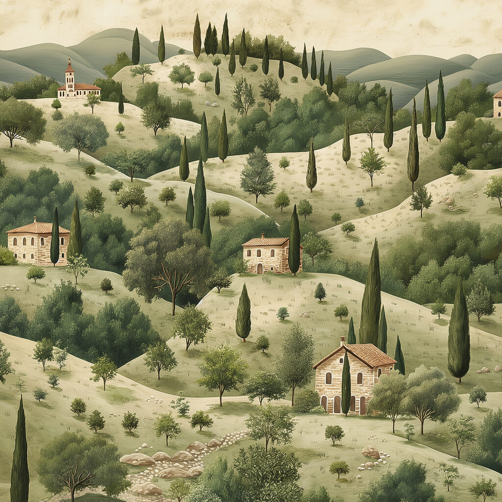 Painting of a landscape with houses and trees Painting of a landscape with houses and trees