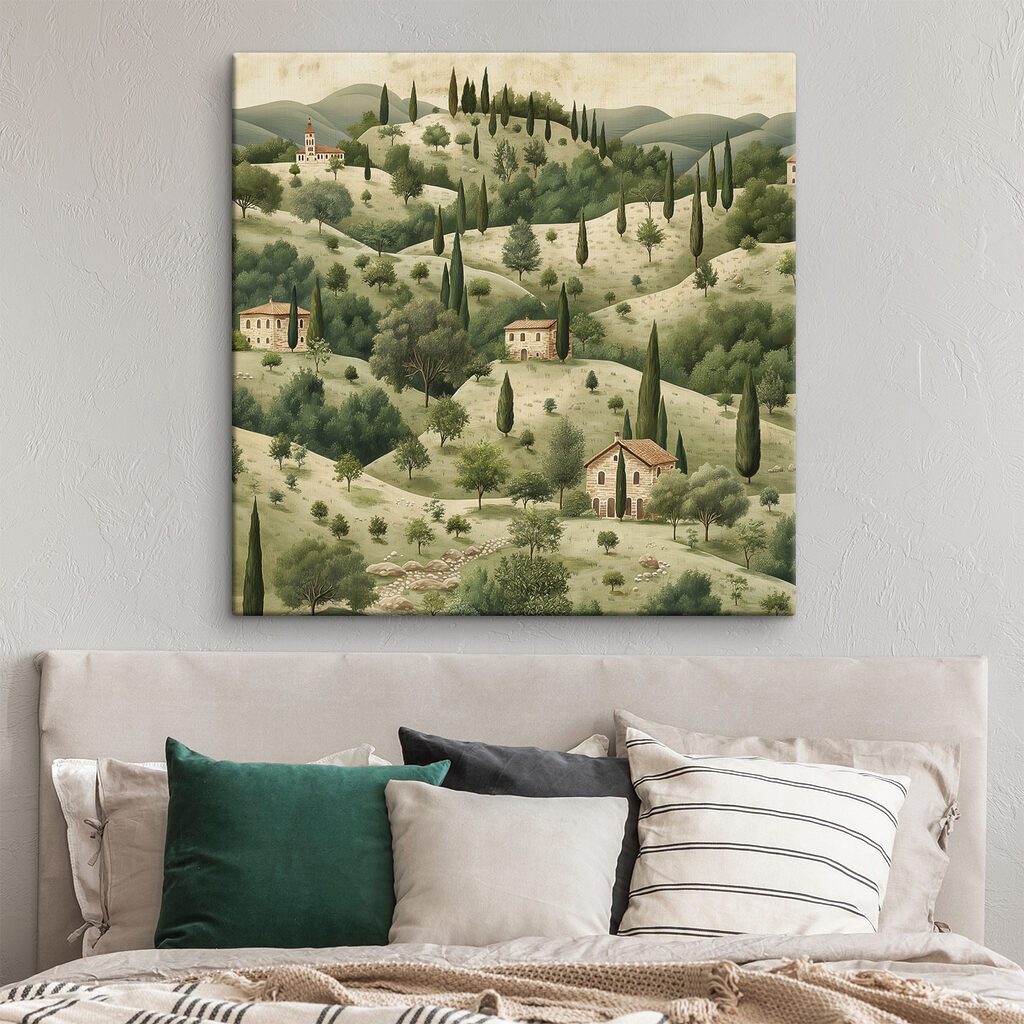 Painting of a landscape with houses and trees Painting of a landscape with houses and trees