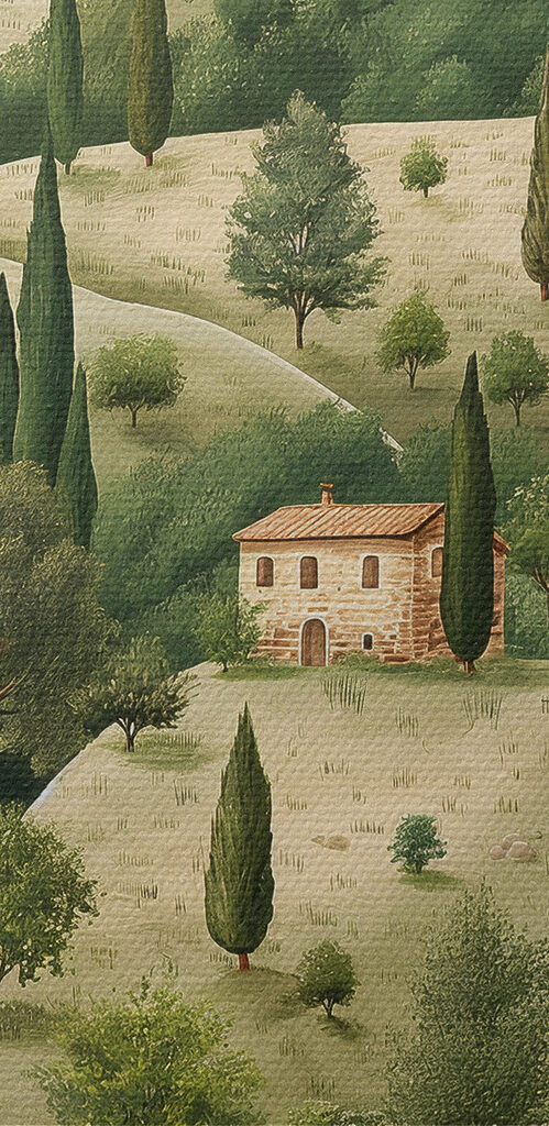 Painting of a landscape with houses and trees Painting of a landscape with houses and trees