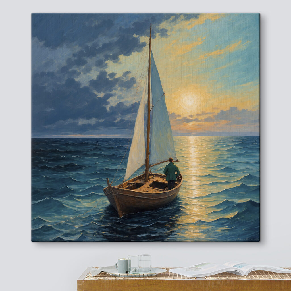 Painting of a man in a boat in the ocean