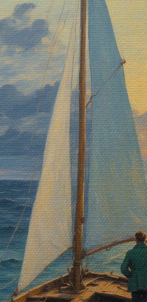 Painting of a man in a boat in the ocean