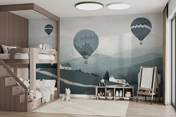 Hőlégballonok csoportja repül egy falu felett Hőlégballonok csoportja repül egy falu felett