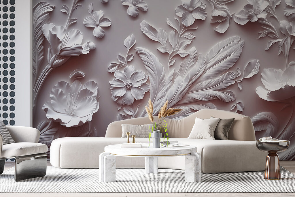 White wall with flowers and leaves