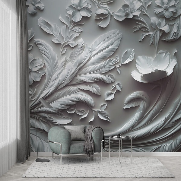 White wall with flowers and leaves