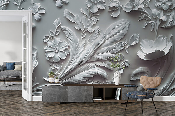 White wall with flowers and leaves