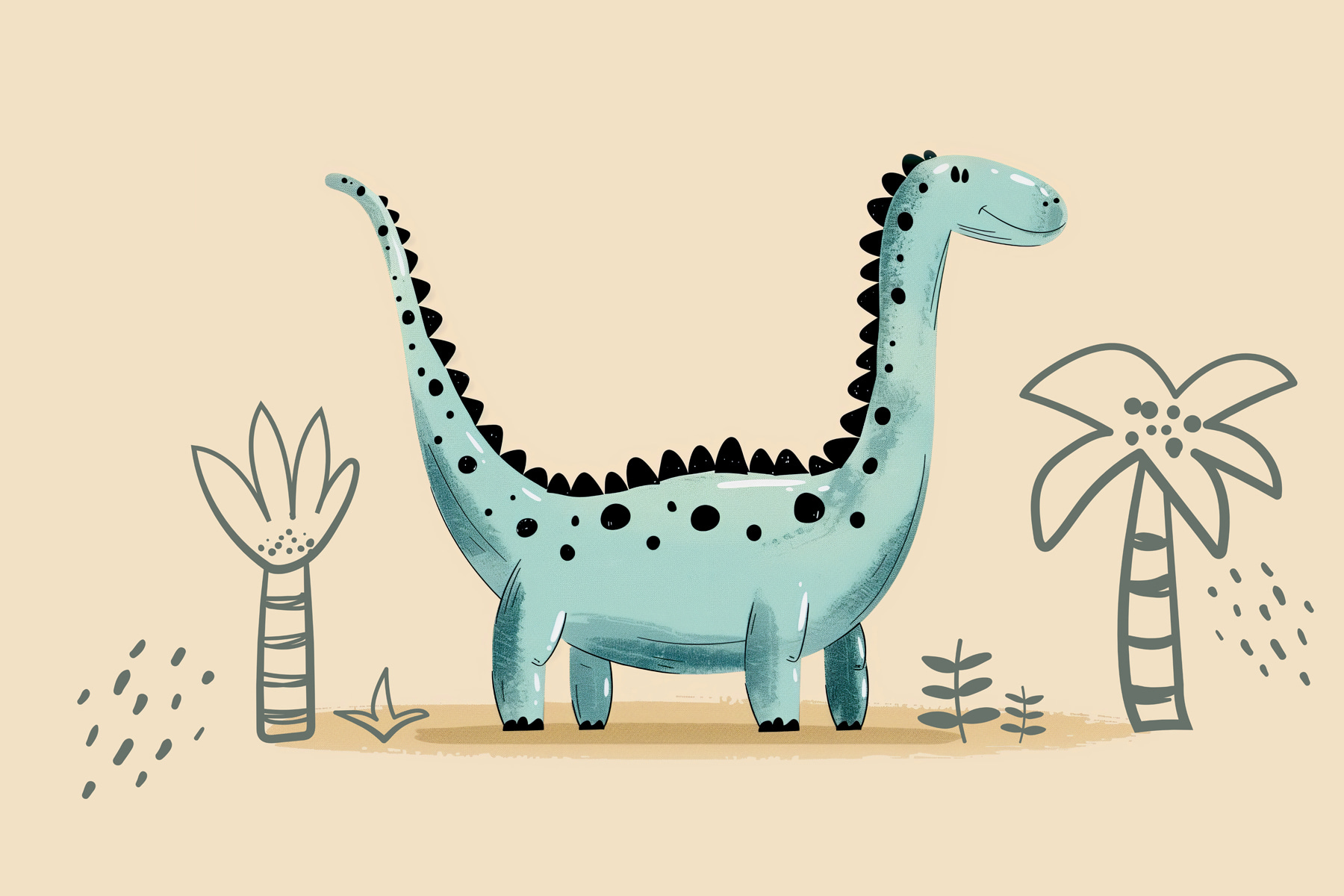 Cartoon dinosaur with plants and leaves