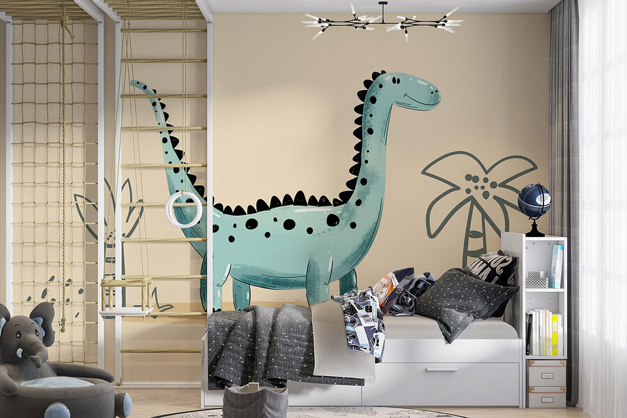 Rajzfilm dinoszaurusz növényekkel és levelekkel