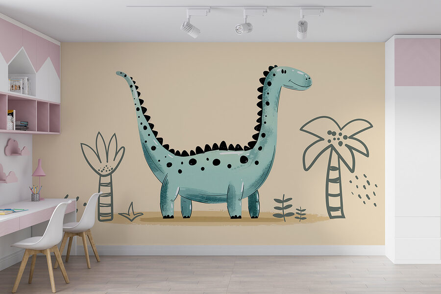Rajzfilm dinoszaurusz növényekkel és levelekkel