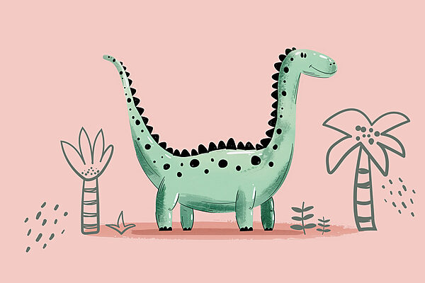 Cartoon dinosaur with plants and leaves