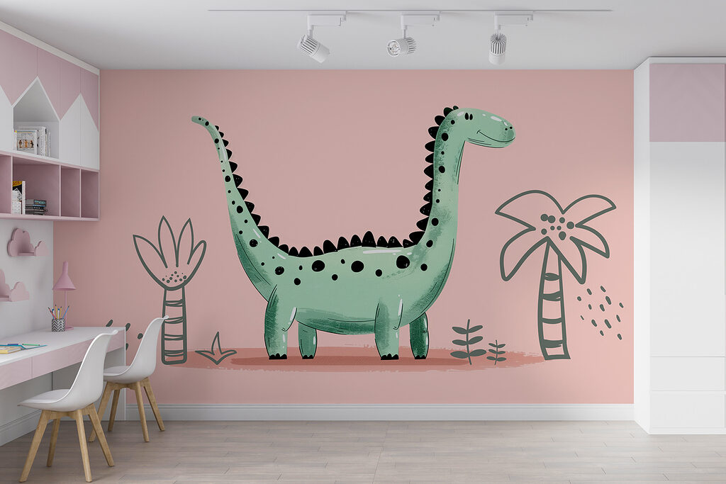 Cartoon dinosaur with plants and leaves
