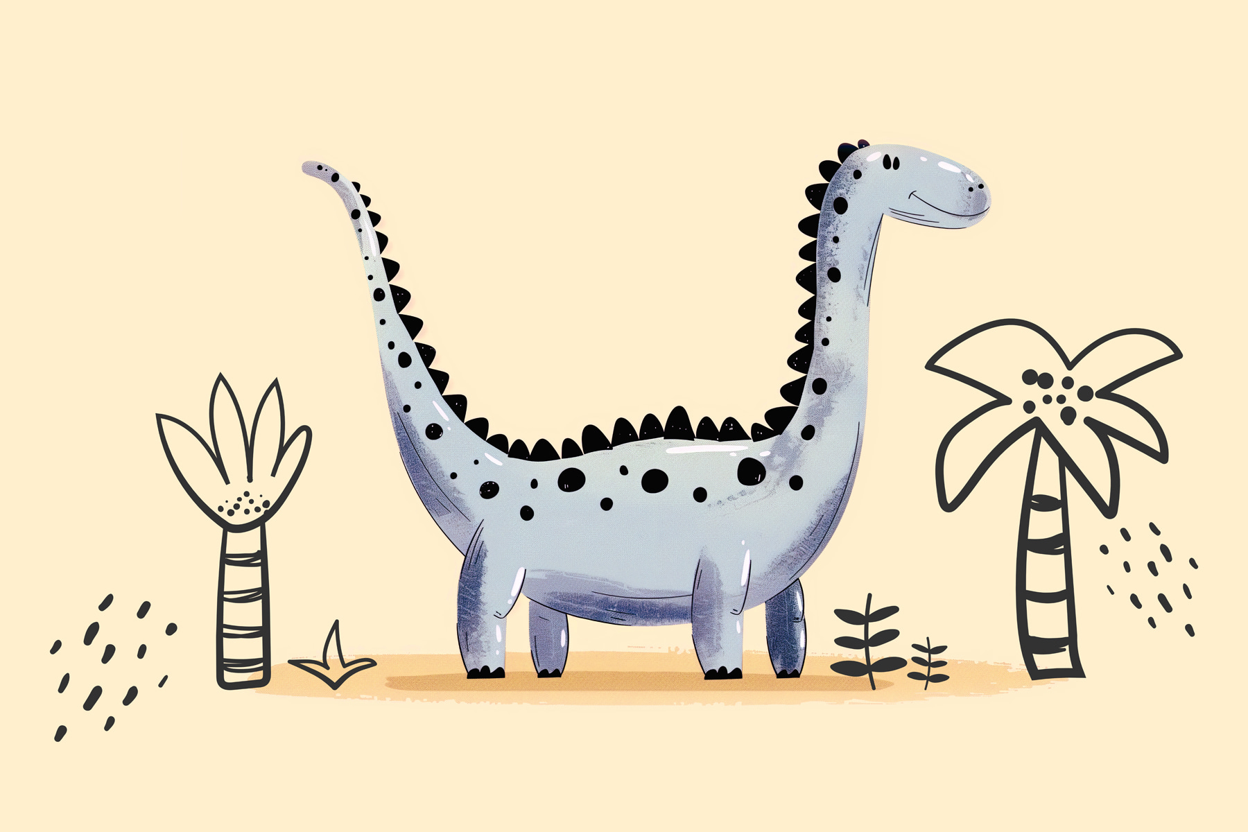 Cartoon dinosaur with plants and flowers