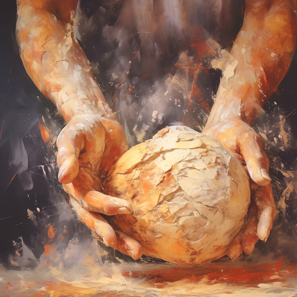 Painting of hands holding a ball of bread Painting of hands holding a ball of bread