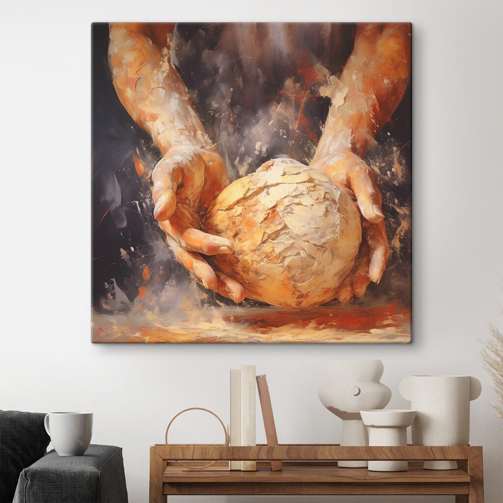 Painting of hands holding a ball of bread Painting of hands holding a ball of bread