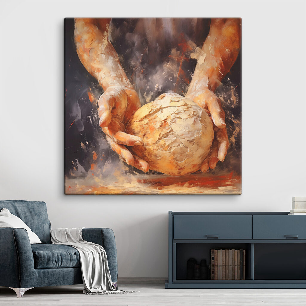 Painting of hands holding a ball of bread Painting of hands holding a ball of bread