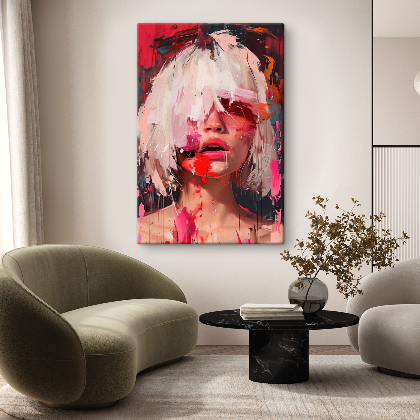 Woman with white hair and pink paint