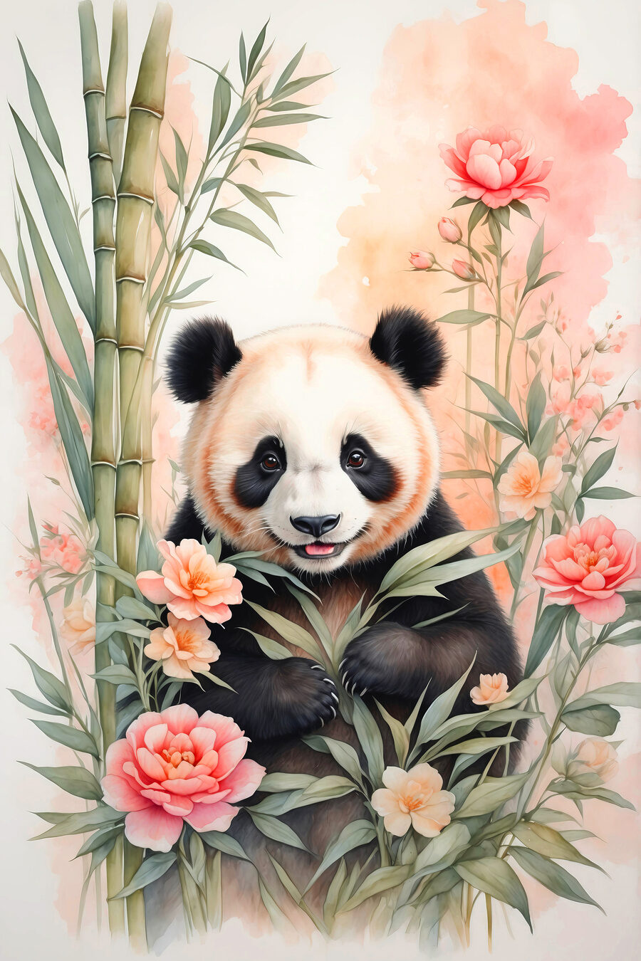 Panda medve virágokkal és bambusszal