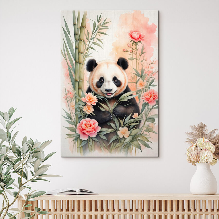 Panda medve virágokkal és bambusszal