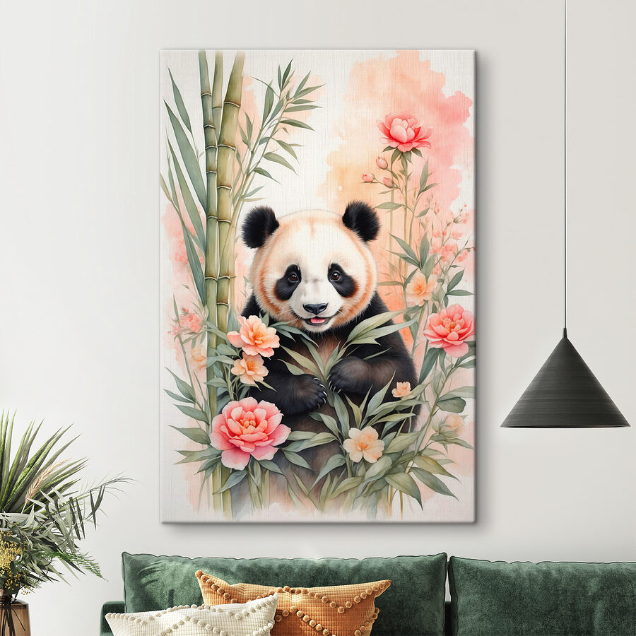 Panda medve virágokkal és bambusszal