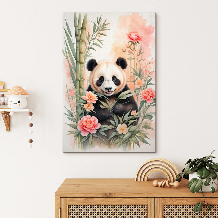 Panda medve virágokkal és bambusszal
