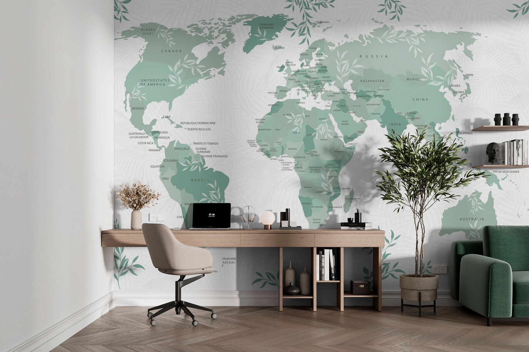 Map of the world with green leaves